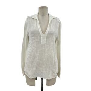 Enza Costa Off White Fine Linen Long Sleeve Top Collared‎ Semi Sheer Size Small
